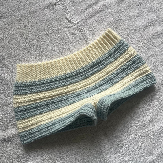 Crochet Mini Shorts Cream & Blue | Beach Outfit Mini Shorts | Summer Shorts | Y2K Mini Shorts | Hip Hugging Low Waisted