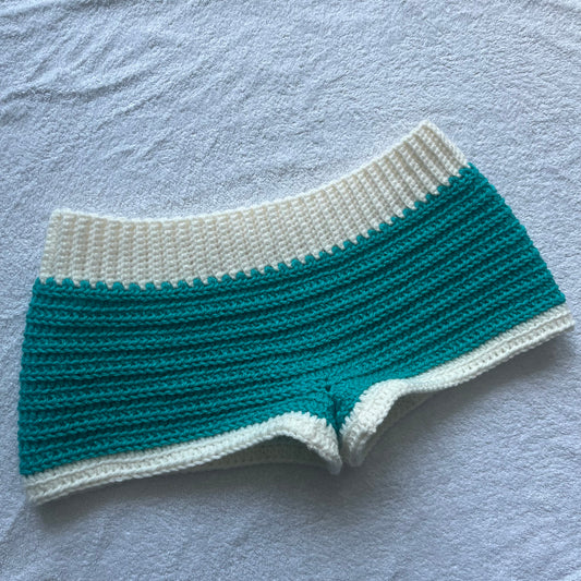Crochet Mini Shorts Blue & Ivory | Beach Outfit Mini Shorts | Summer Shorts | Y2K Mini Shorts | Hip Hugging Low Waisted