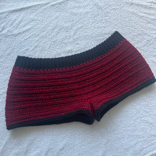 Crochet Mini Shorts Sparkly Red & Black | Beach Outfit Mini Shorts | Summer Shorts | Y2K Mini Shorts | Hip Hugging Low Waisted