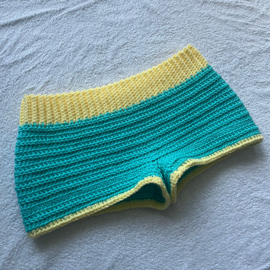 Crochet Mini Shorts Blue & Yellow | Beach Outfit Mini Shorts | Summer Shorts | Y2K Mini Shorts | Hip Hugging Low Waisted