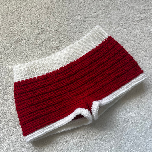 Christmas Santa Crochet Mini Shorts, Red & White | Cozy Winter Pajama Shorts | Christmas Holiday Outfit | Hip Hugging and Low Waisted