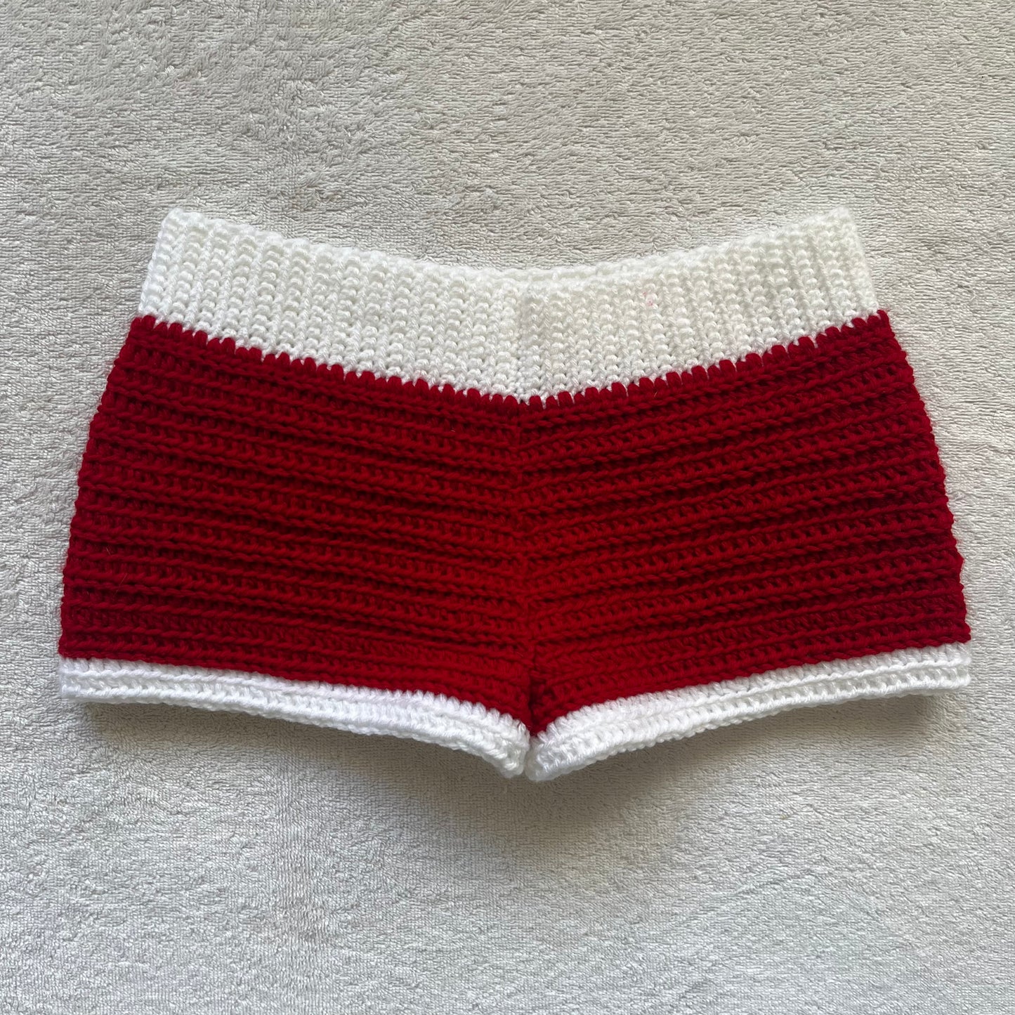 Christmas Santa Crochet Mini Shorts, Red & White | Cozy Winter Pajama Shorts | Christmas Holiday Outfit | Hip Hugging and Low Waisted