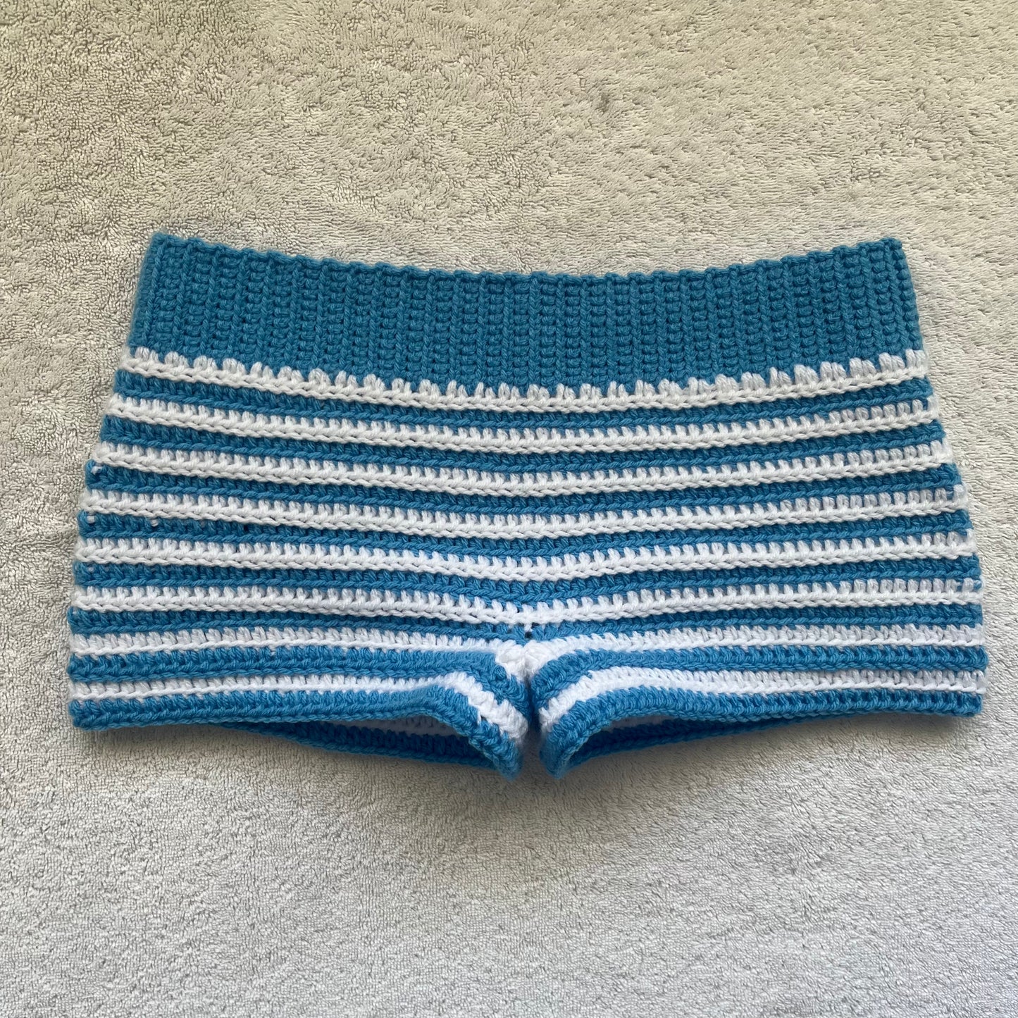 Crochet Mini Shorts Blue & White Striped | Beach Outfit Mini Shorts | Summer Shorts | Y2K Mini Shorts | Hip Hugging Low Waisted