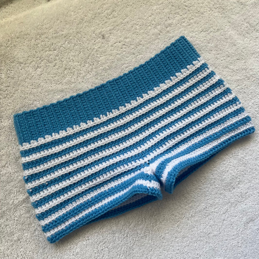 Crochet Mini Shorts Blue & White Striped | Beach Outfit Mini Shorts | Summer Shorts | Y2K Mini Shorts | Hip Hugging Low Waisted