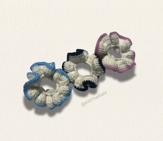Crochet Scrunchie Trio Set | Pink, Black, Blue Scrunchies | Hair Care | Soft Stretchy Crochet Hair Scrunchies | Thick Hair Scrunchies