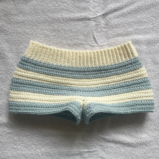 Crochet Mini Shorts Cream & Blue | Beach Outfit Mini Shorts | Summer Shorts | Y2K Mini Shorts | Hip Hugging Low Waisted