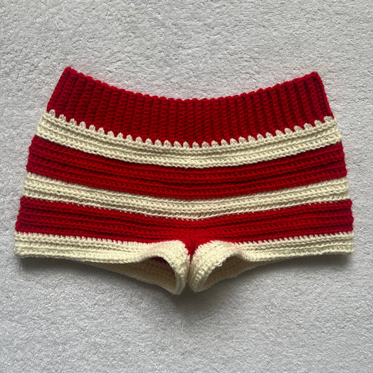 Crochet Mini Shorts Red & Cream Striped | Beach Outfit Mini Shorts | Summer Shorts | Y2K Mini Shorts | Hip Hugging Low Waisted