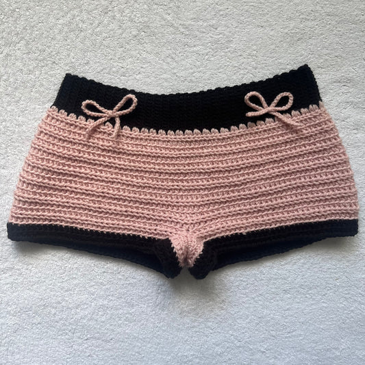 Crochet Mini Shorts Pink & Black w/ Bows | Beach Outfit Mini Shorts | Summer Shorts | Y2K Mini Shorts | Low Waisted | Pajama Bottoms Set