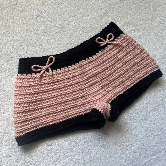 Crochet Mini Shorts Pink & Black w/ Bows | Beach Outfit Mini Shorts | Summer Shorts | Y2K Mini Shorts | Low Waisted | Pajama Bottoms Set