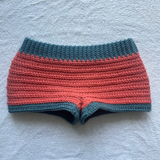 Crochet Mini Shorts Coral & Blue | Beach Outfit Mini Shorts | Summer Shorts | Y2K Mini Shorts | Hip Hugging Low Waisted