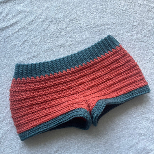 Crochet Mini Shorts Coral & Blue | Beach Outfit Mini Shorts | Summer Shorts | Y2K Mini Shorts | Hip Hugging Low Waisted