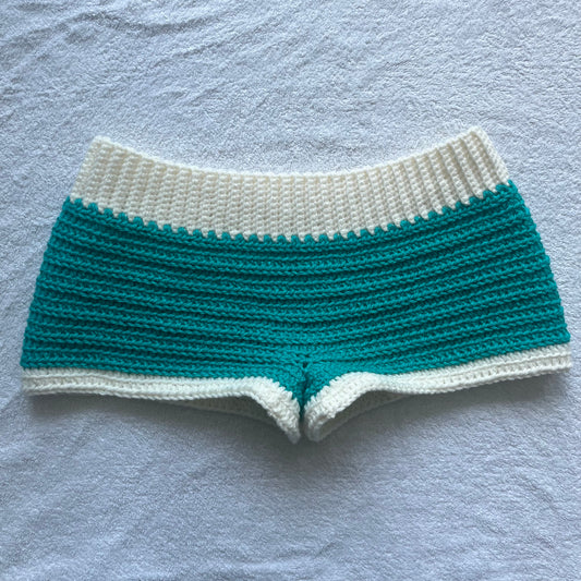 Crochet Mini Shorts Blue & Ivory | Beach Outfit Mini Shorts | Summer Shorts | Y2K Mini Shorts | Hip Hugging Low Waisted