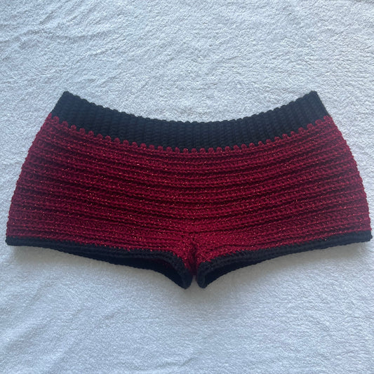 Crochet Mini Shorts Sparkly Red & Black | Beach Outfit Mini Shorts | Summer Shorts | Y2K Mini Shorts | Hip Hugging Low Waisted