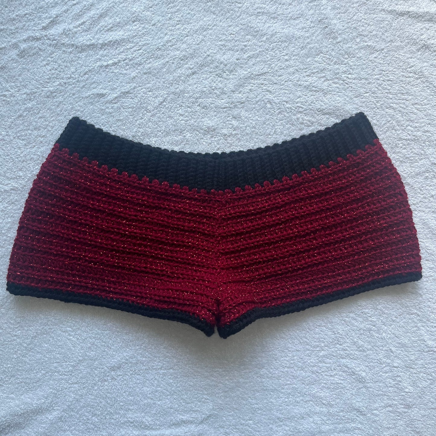 Crochet Mini Shorts Sparkly Red & Black | Beach Outfit Mini Shorts | Summer Shorts | Y2K Mini Shorts | Hip Hugging Low Waisted