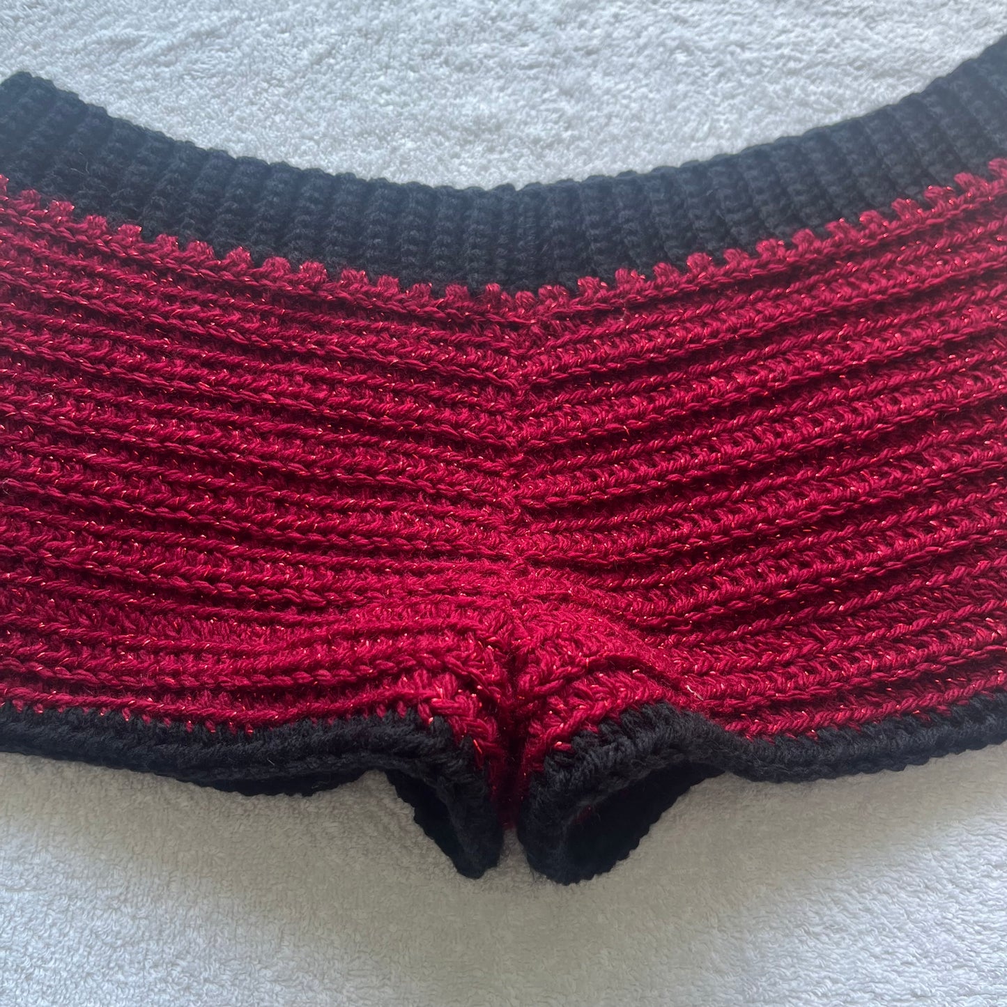 Crochet Mini Shorts Sparkly Red & Black | Beach Outfit Mini Shorts | Summer Shorts | Y2K Mini Shorts | Hip Hugging Low Waisted