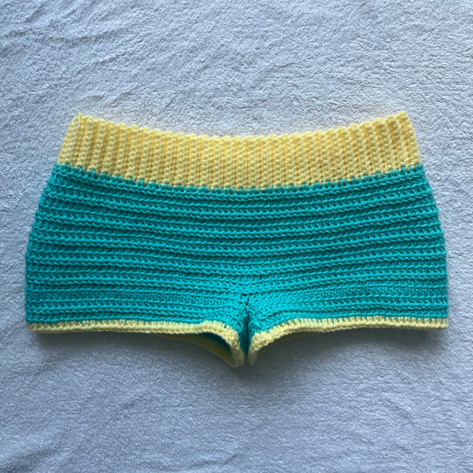 Crochet Mini Shorts Blue & Yellow | Beach Outfit Mini Shorts | Summer Shorts | Y2K Mini Shorts | Hip Hugging Low Waisted