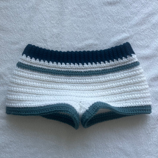 Crochet Mini Shorts Blue & White | Beach Outfit Mini Shorts | Summer Shorts | Y2K Mini Shorts | Hip Hugging Low Waisted