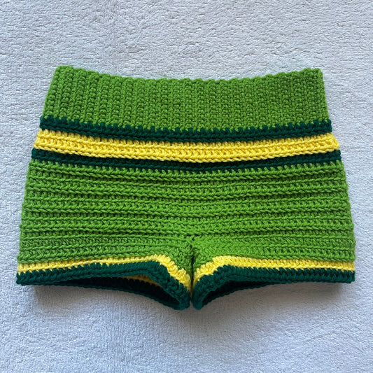 Christmas Crochet Mini Shorts, Green & Yellow | Cozy Winter Pajamas Mini Shorts | Cute Christmas Holiday Outfit | Low Waisted Shorts