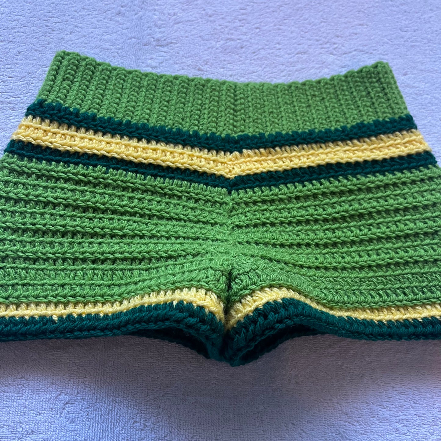 Christmas Crochet Mini Shorts, Green & Yellow | Cozy Winter Pajamas Mini Shorts | Cute Christmas Holiday Outfit | Low Waisted Shorts