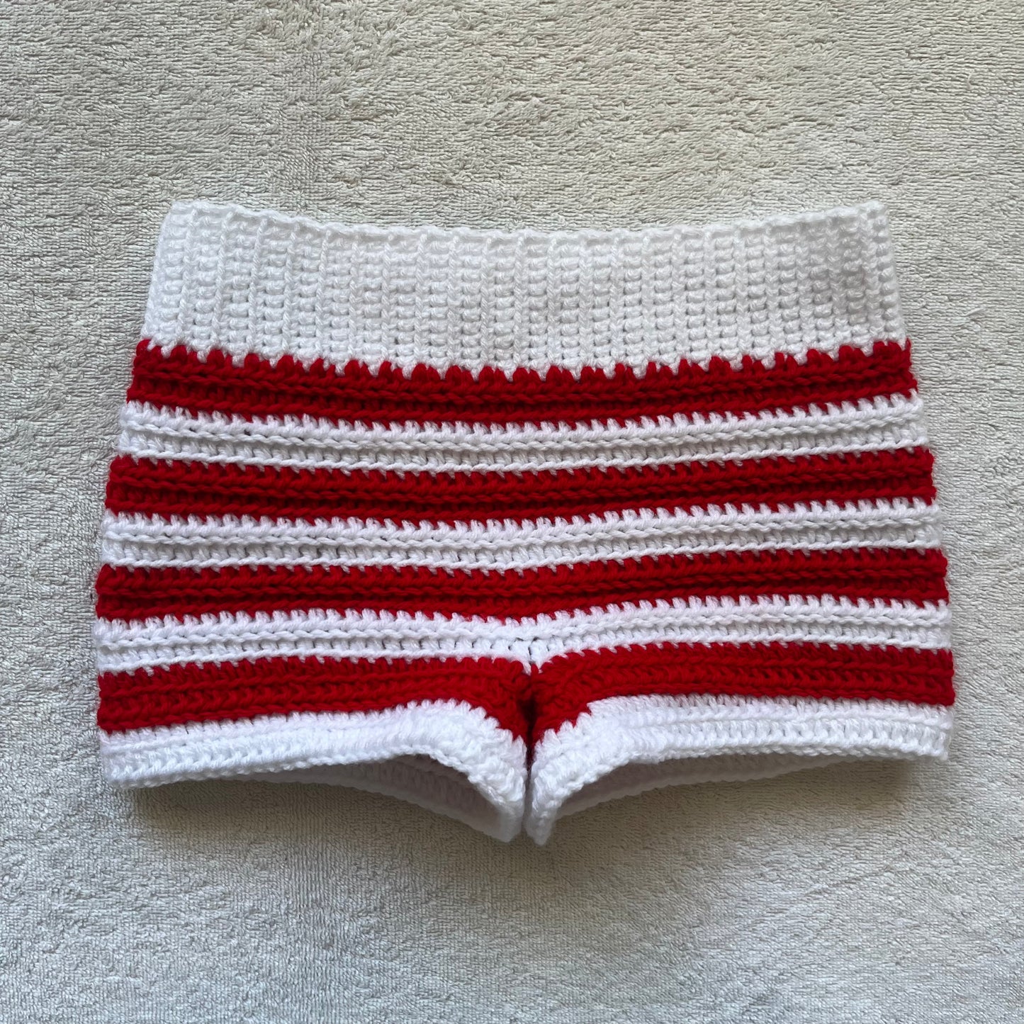 Christmas Candy Cane Crochet Mini Shorts, White & Red | Cozy Winter Pajamas Shorts | Christmas Holiday Outfit | Low Waisted Mini Shorts