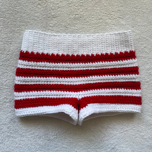 Christmas Candy Cane Crochet Mini Shorts, White & Red | Cozy Winter Pajamas Shorts | Christmas Holiday Outfit | Low Waisted Mini Shorts