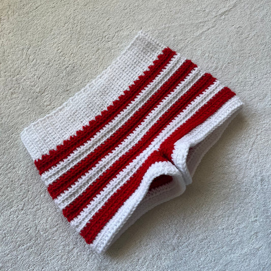 Christmas Candy Cane Crochet Mini Shorts, White & Red | Cozy Winter Pajamas Shorts | Christmas Holiday Outfit | Low Waisted Mini Shorts