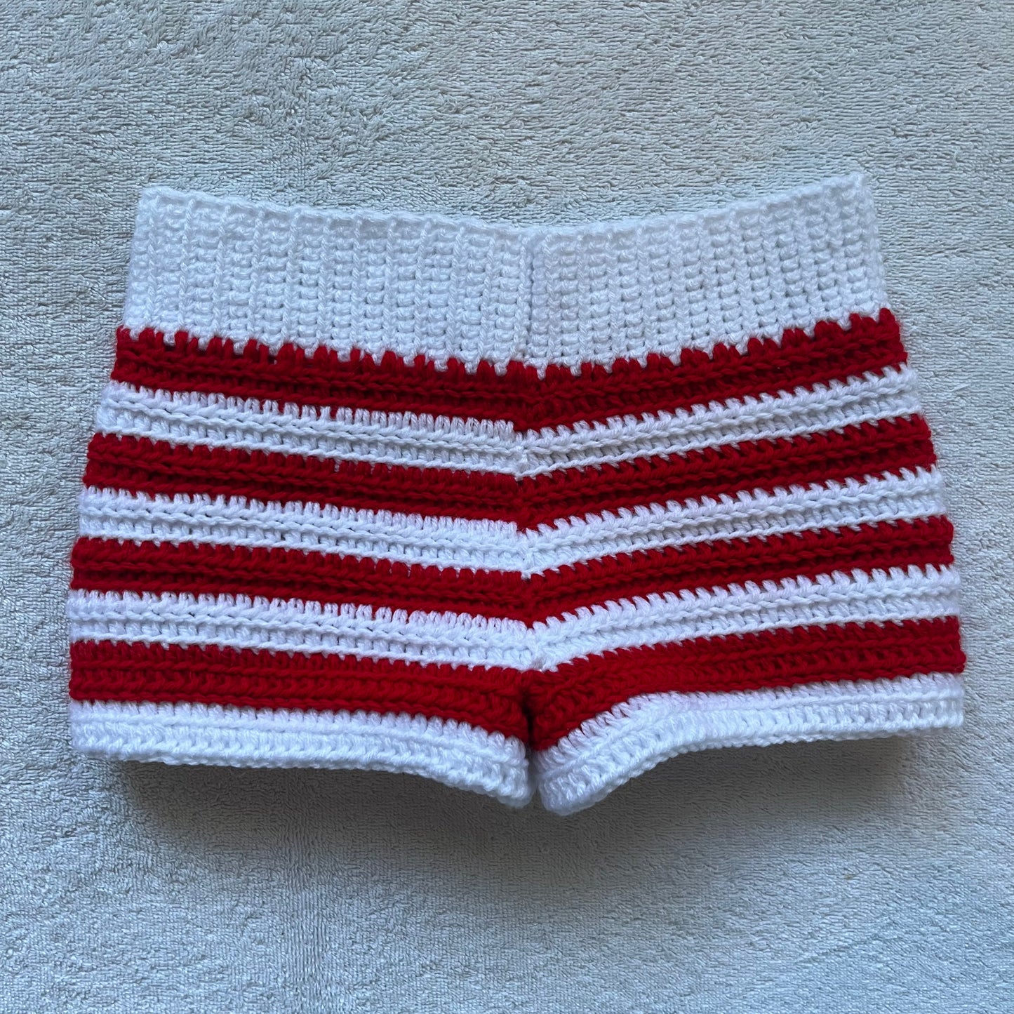 Christmas Candy Cane Crochet Mini Shorts, White & Red | Cozy Winter Pajamas Shorts | Christmas Holiday Outfit | Low Waisted Mini Shorts