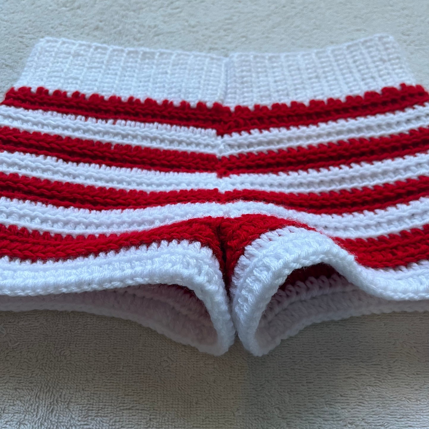 Christmas Candy Cane Crochet Mini Shorts, White & Red | Cozy Winter Pajamas Shorts | Christmas Holiday Outfit | Low Waisted Mini Shorts