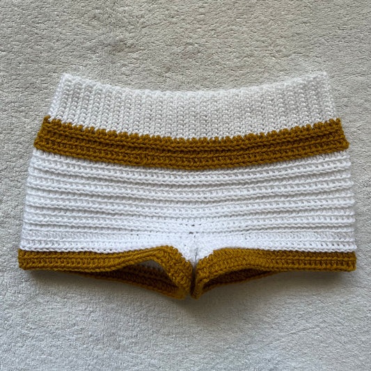 Christmas Angel Crochet Mini Shorts, White & Gold | Cozy Winter Pajamas Mini Shorts | Christmas Holiday Outfit | Hip Hugging, Low Waisted