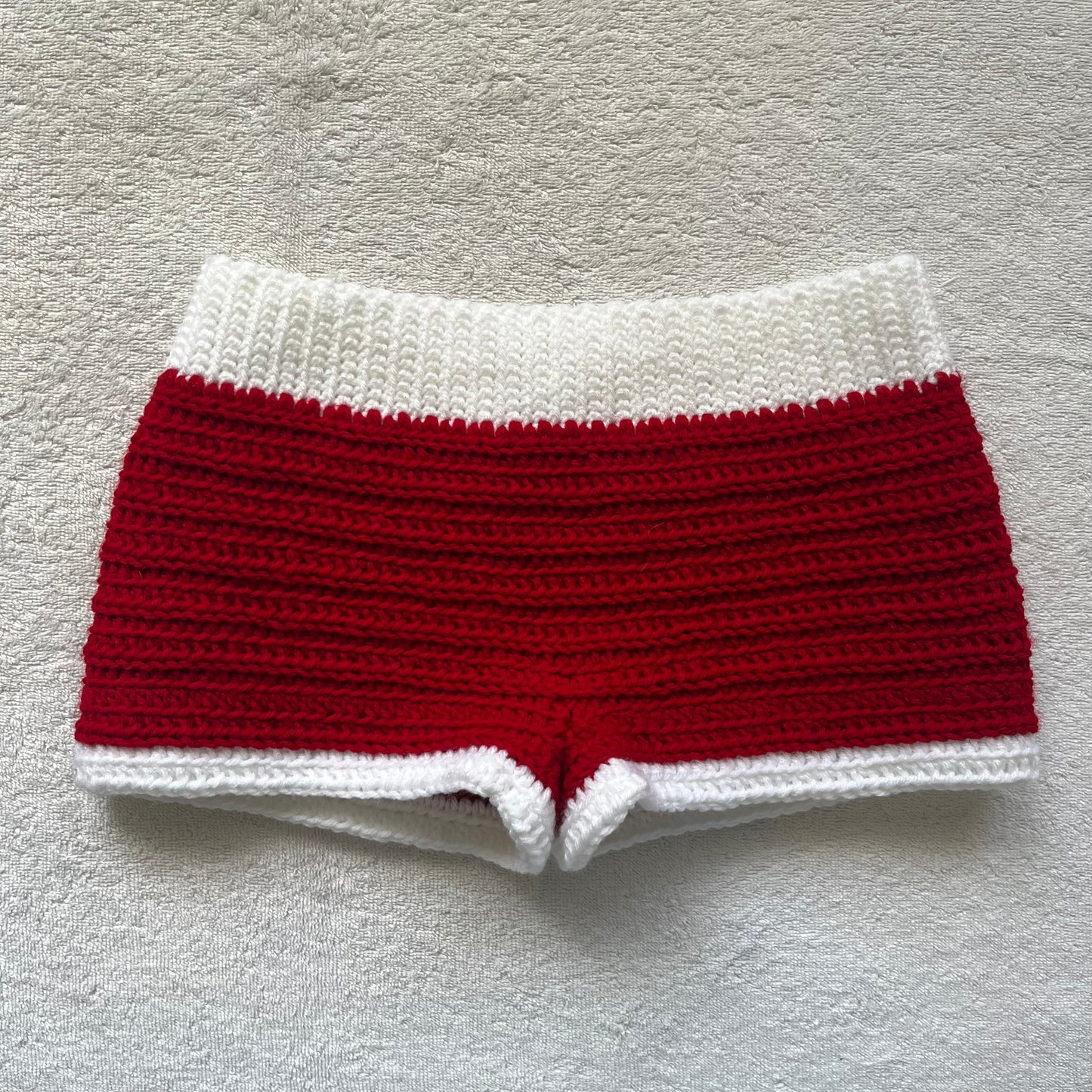 Christmas Santa Crochet Mini Shorts, Red & White | Cozy Winter Pajama Shorts | Christmas Holiday Outfit | Hip Hugging and Low Waisted