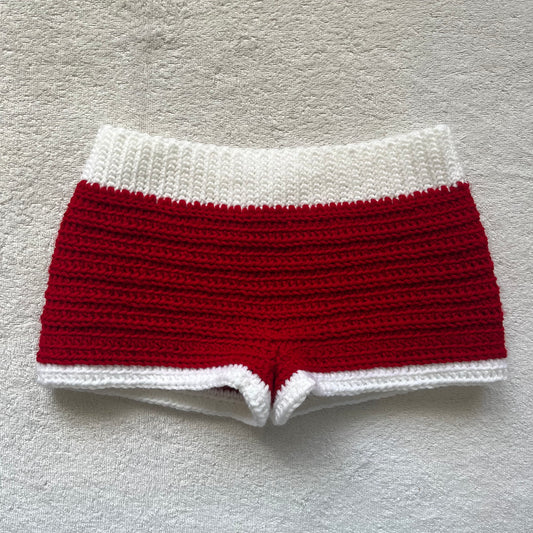 Christmas Santa Crochet Mini Shorts, Red & White | Cozy Winter Pajama Shorts | Christmas Holiday Outfit | Hip Hugging and Low Waisted