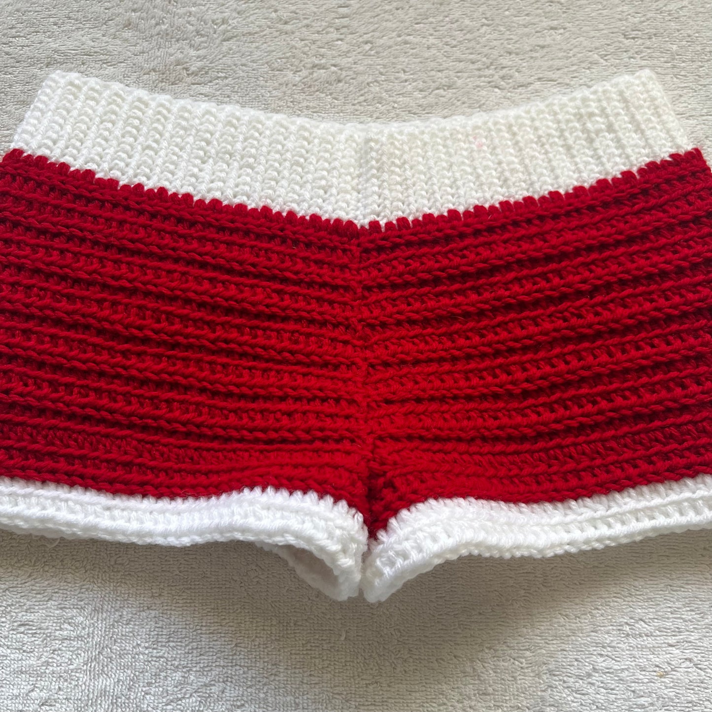 Christmas Santa Crochet Mini Shorts, Red & White | Cozy Winter Pajama Shorts | Christmas Holiday Outfit | Hip Hugging and Low Waisted