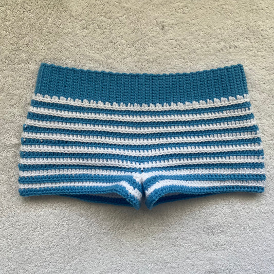 Crochet Mini Shorts Blue & White Striped | Beach Outfit Mini Shorts | Summer Shorts | Y2K Mini Shorts | Hip Hugging Low Waisted