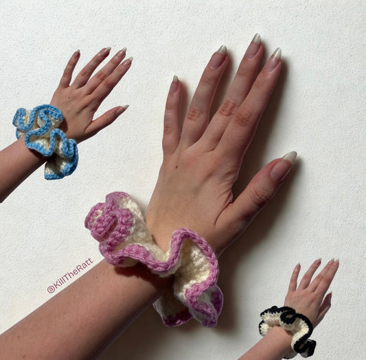 Crochet Scrunchie Trio Set | Pink, Black, Blue Scrunchies | Hair Care | Soft Stretchy Crochet Hair Scrunchies | Thick Hair Scrunchies