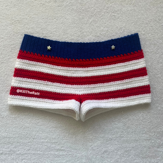 American Flag Crochet Mini Shorts | Red, White, Blue | Beach Outfit Mini Shorts | Summer Shorts | Y2K Mini Shorts | Hip Hugging Low Waisted